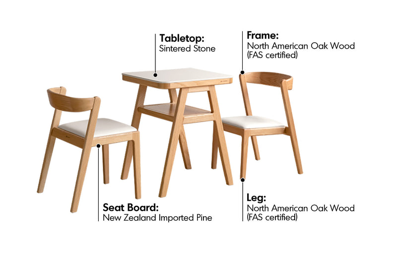 Scandinavian Oak Wood Sintered Stone Stackable Dining Table 3-IN-1 Set NOKI Material Details Chart