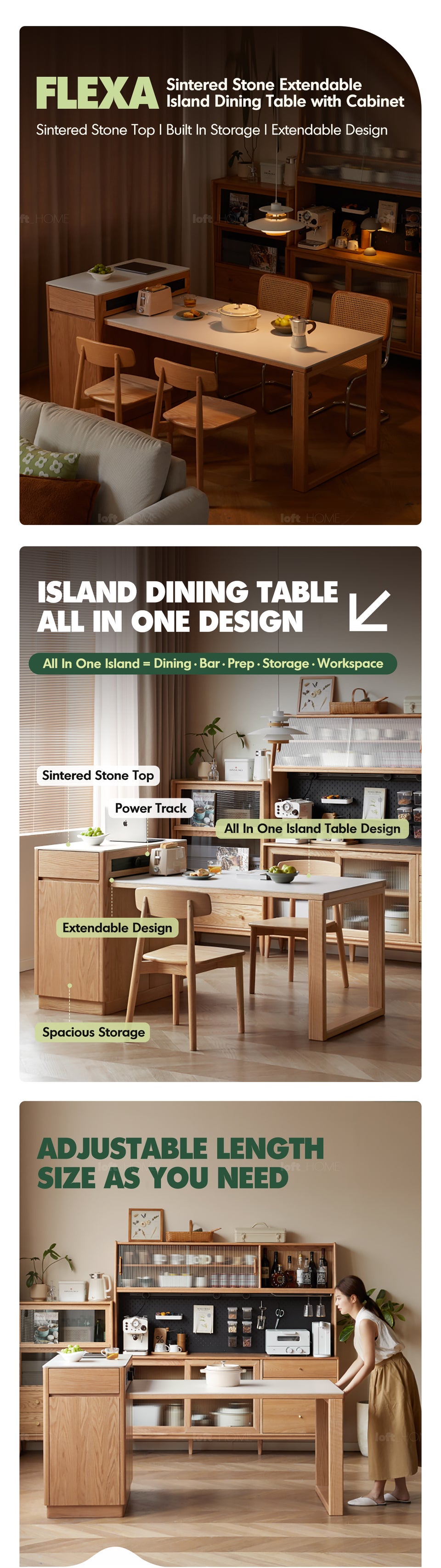 Scandinavian Oak Wood Sintered Stone Extendable Island Dining Table With Cabinet FLEXA More Details and Instruction