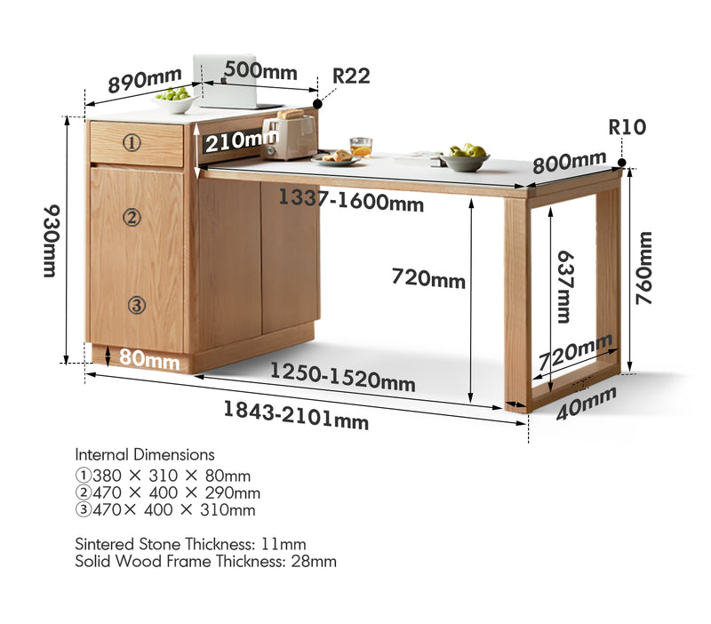 Scandinavian Oak Wood Sintered Stone Extendable Island Dining Table With Cabinet FLEXA Size Chart