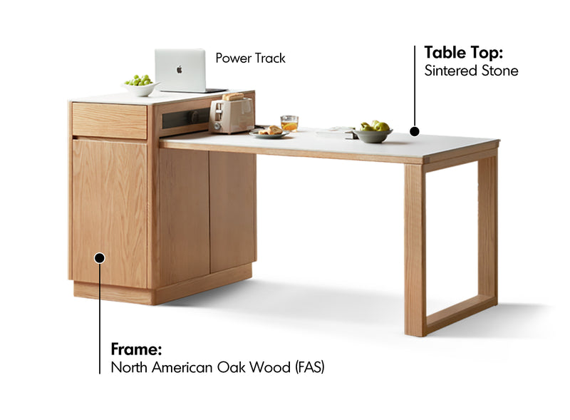 Scandinavian Oak Wood Sintered Stone Extendable Island Dining Table With Cabinet FLEXA Material Details Chart