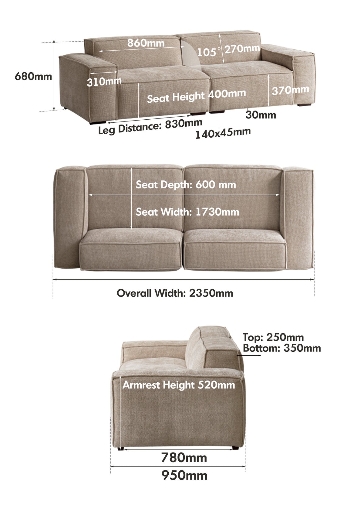 Minimalist Cotton Fabric 3 Seater Sofa CAMALEONDA Size Chart
