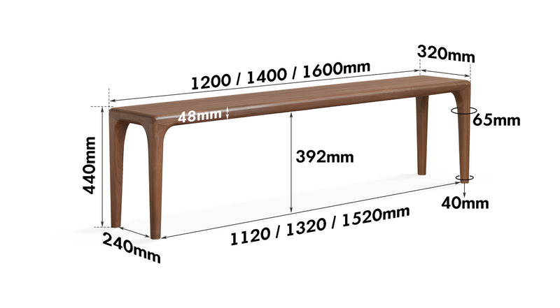 Japandi Walnut Wood Dining Bench CONTI Size Chart