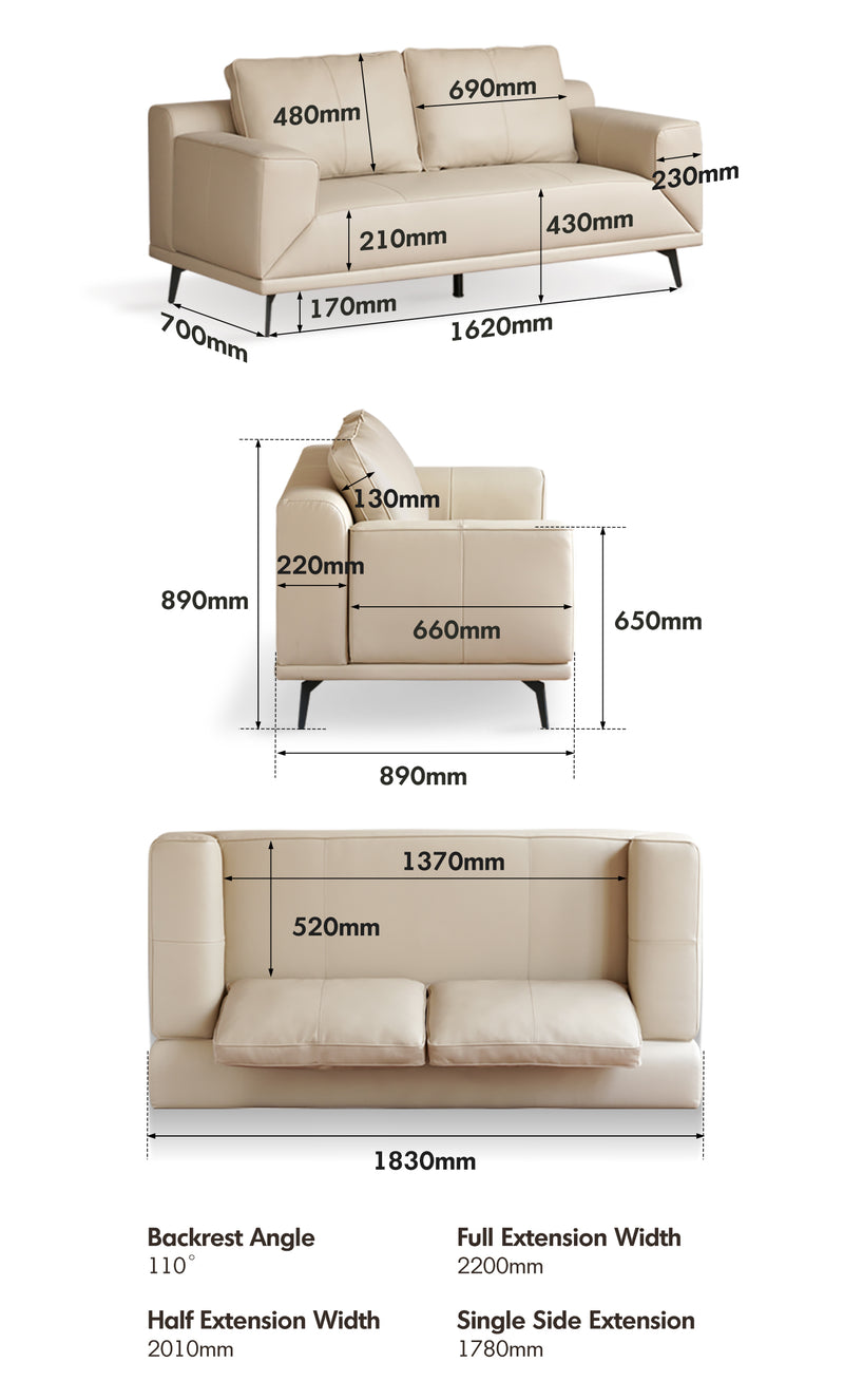 Modern Genuine Leather 2 Seater Sofa Bed LINEA Size Chart