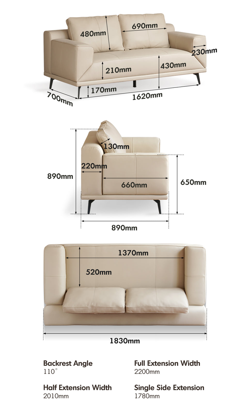 Modern Genuine Leather 2 Seater Sofa Bed LINEA Size Chart