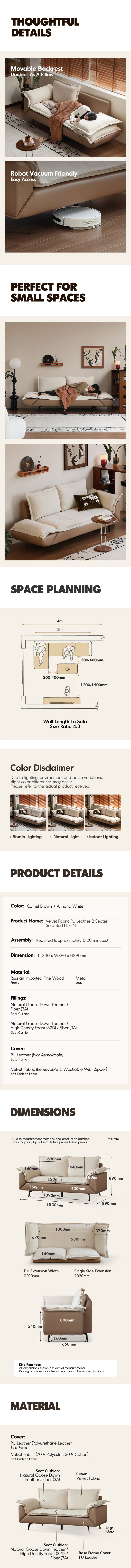 Modern Velvet Fabric PU Leather 2 Seater Sofa Bed FLIPEN Good to Know - 14