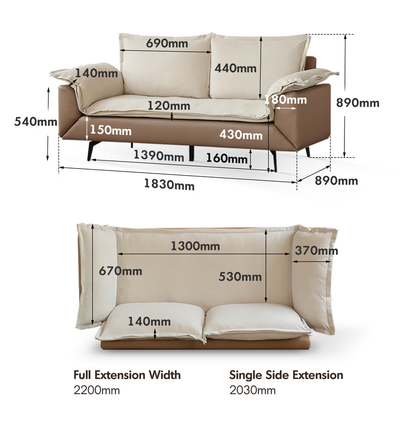Modern Velvet Fabric PU Leather 2 Seater Sofa Bed FLIPEN Size Chart