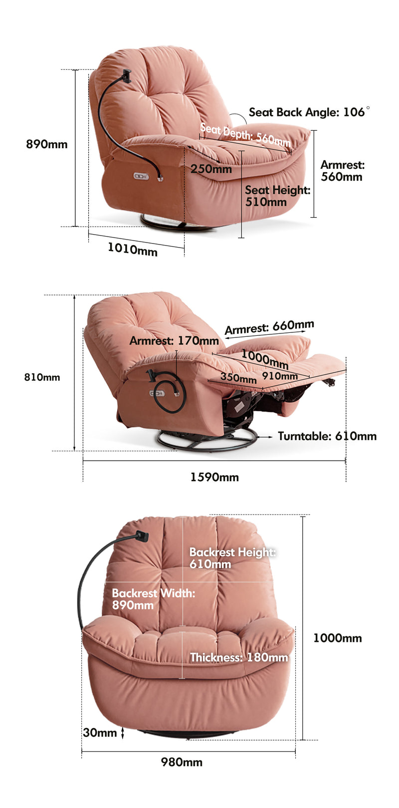 Cream Cat Scratch Resistant Fabric Electric Recliner 1 Seater Sofa With Phone Holder NESTA Size Chart