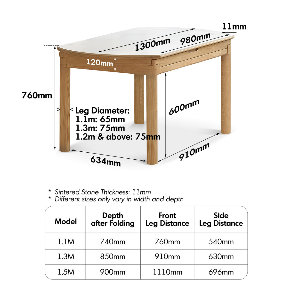 Scandinavian Oak Wood Sintered Stone Extendable Round Dining Table ORBIT Size Chart
