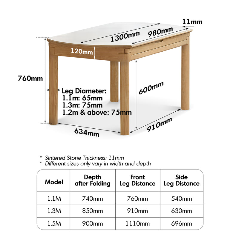 Scandinavian Oak Wood Sintered Stone Extendable Round Dining Table ORBIT Size Chart