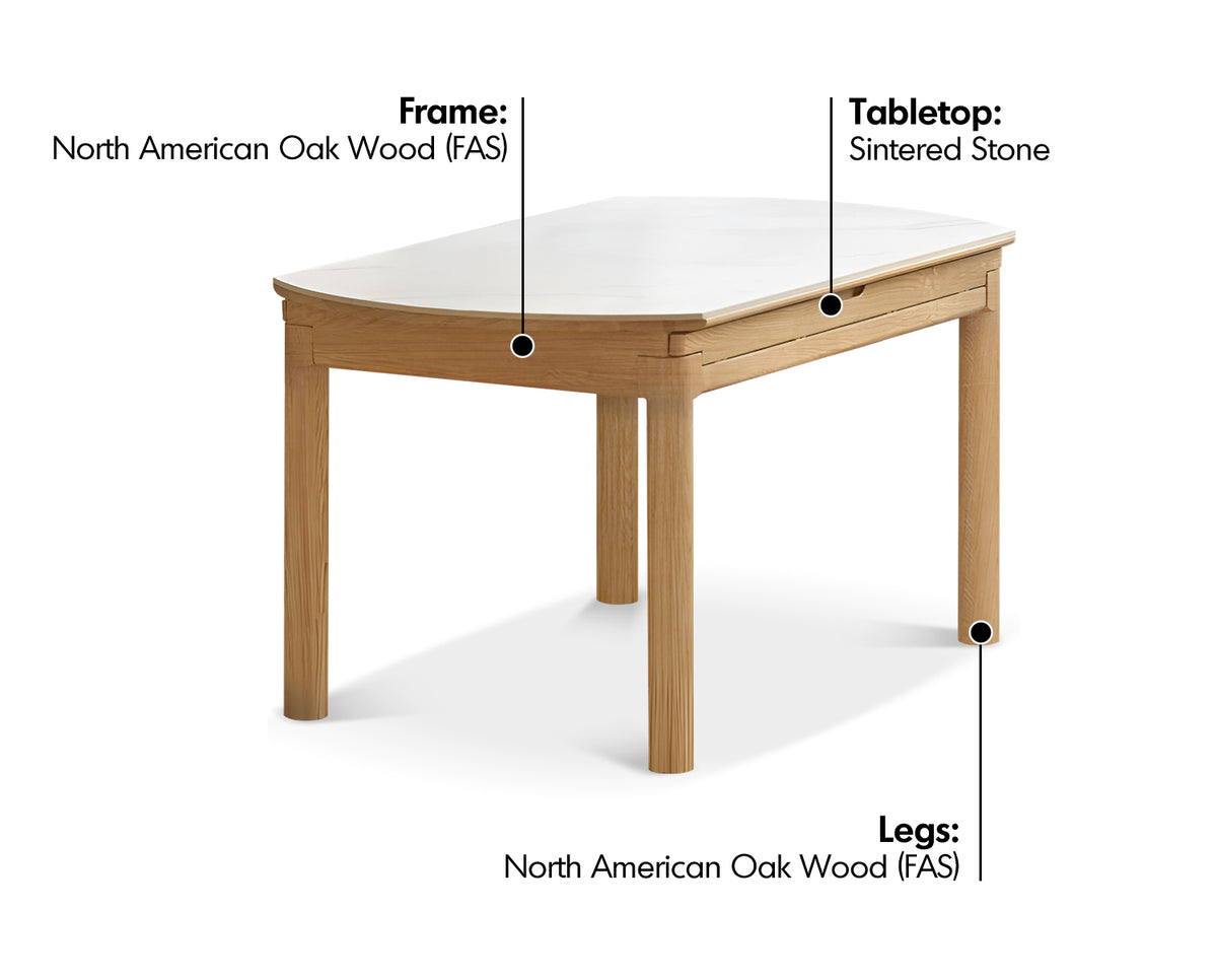 Scandinavian Oak Wood Sintered Stone Extendable Round Dining Table ORBIT Material Details Chart