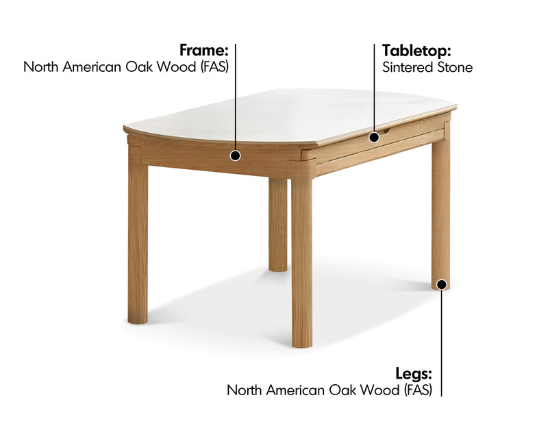 Scandinavian Oak Wood Sintered Stone Extendable Round Dining Table ORBIT Material Details Chart