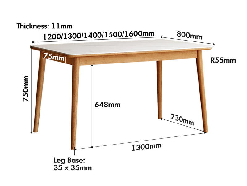 Scandinavian Oak Wood Sintered Stone Dining Table FORME Size Chart