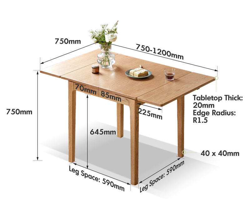 Scandinavian Oak Wood Extendable Dining Table EXTENDRA Size Chart