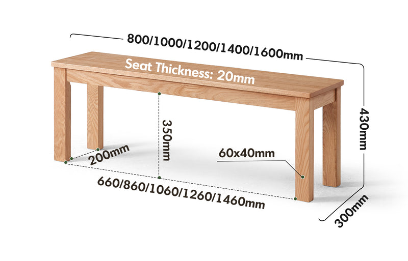 Scandinavian Oak Wood Dining Bench JAMO Size Chart