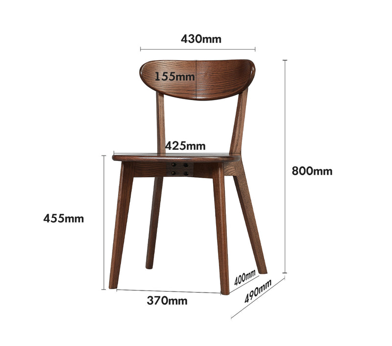 Japandi Oak Wood Dining Chair ELM WALNUT Size Chart