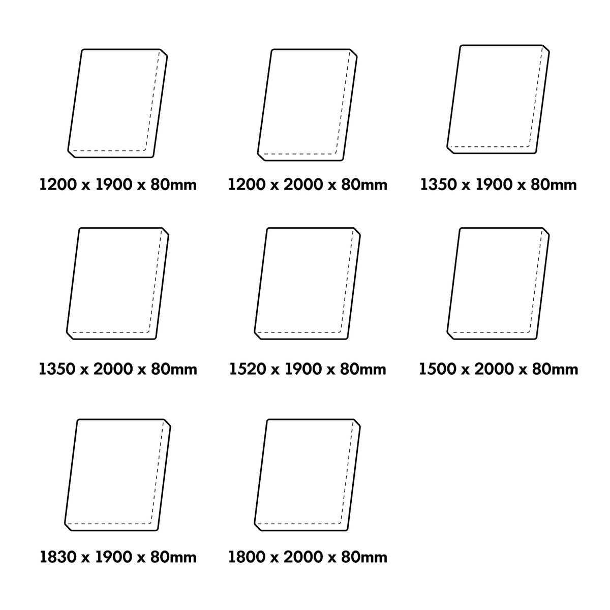 8cm Gel Memory Foam Mattress BLUEBOX T2 PRO Size Chart