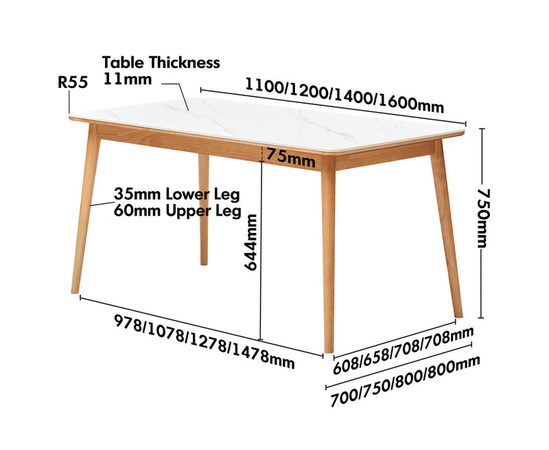 Scandinavian Sintered Stone Rubber Wood Dining Table ROWAN Size Chart