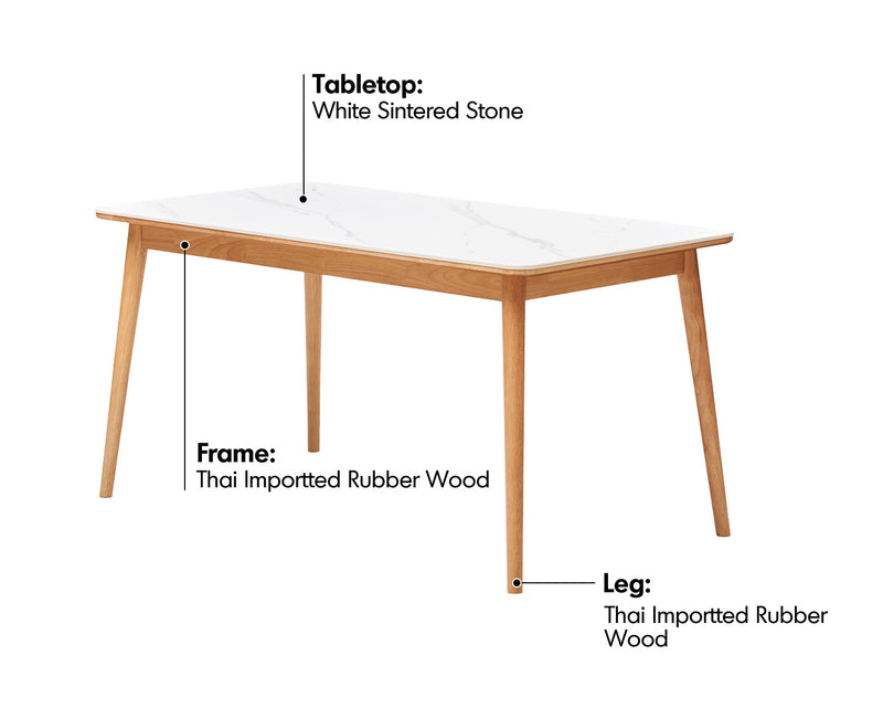 Scandinavian Sintered Stone Rubber Wood Dining Table ROWAN Material Details Chart