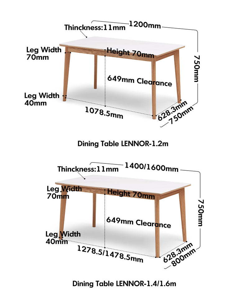 Scandinavian Sintered Stone Oak Wood Dining Table JADEN Size Chart