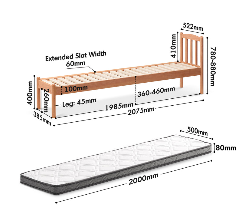 Scandinavian Birch Wood Kids Sidecar Bed With Mattress Set MIKA Size Chart