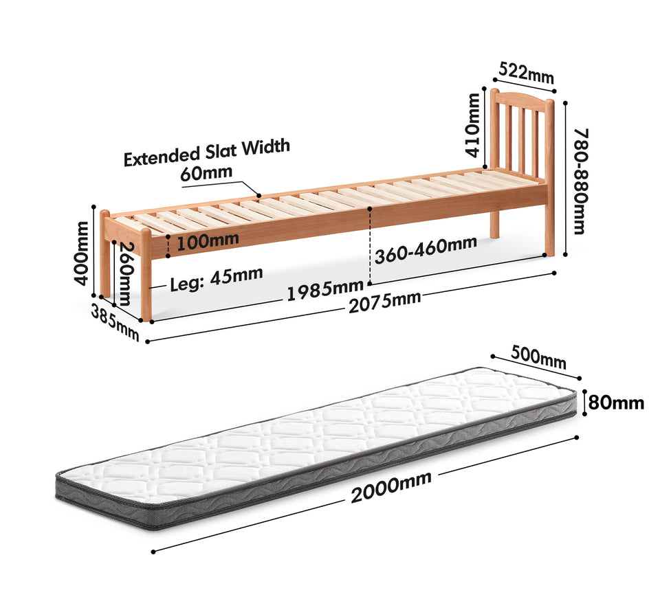 Scandinavian Birch Wood Kids Sidecar Bed With Mattress Set MIKA Size Chart