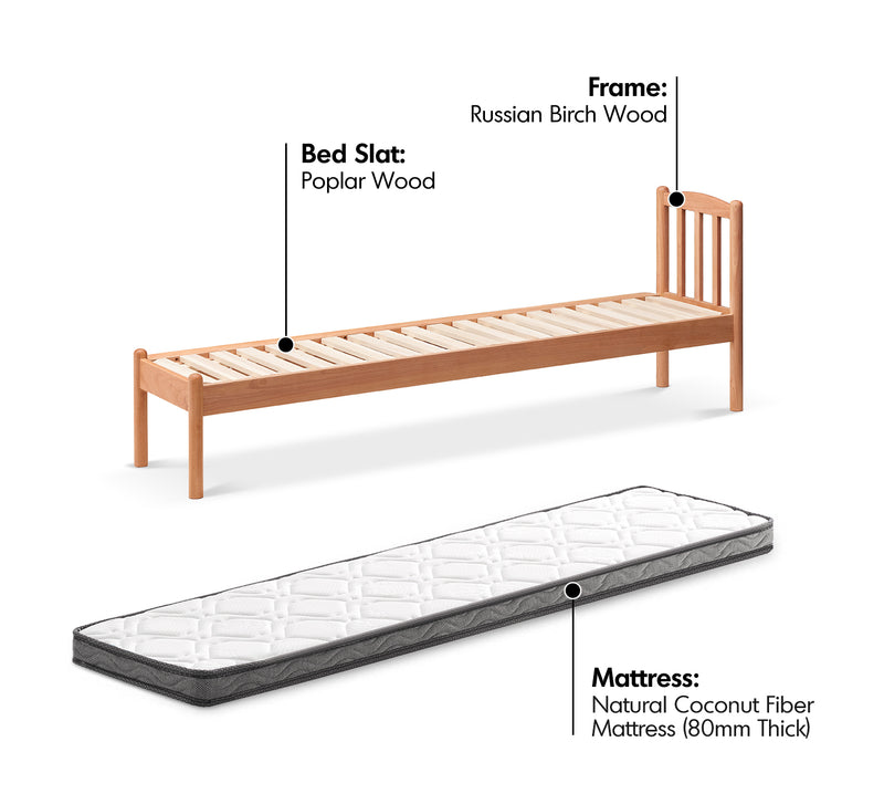 Scandinavian Birch Wood Kids Sidecar Bed With Mattress Set MIKA Material Details Chart
