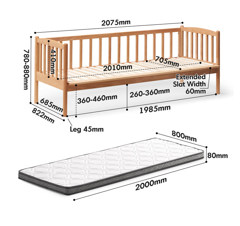 Scandinavian Birch Wood Kids Sidecar Bed With Mattress Set MYKA Size Chart