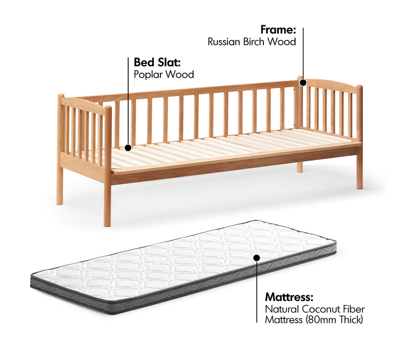 Scandinavian Birch Wood Kids Sidecar Bed With Mattress Set MYKA Material Details Chart