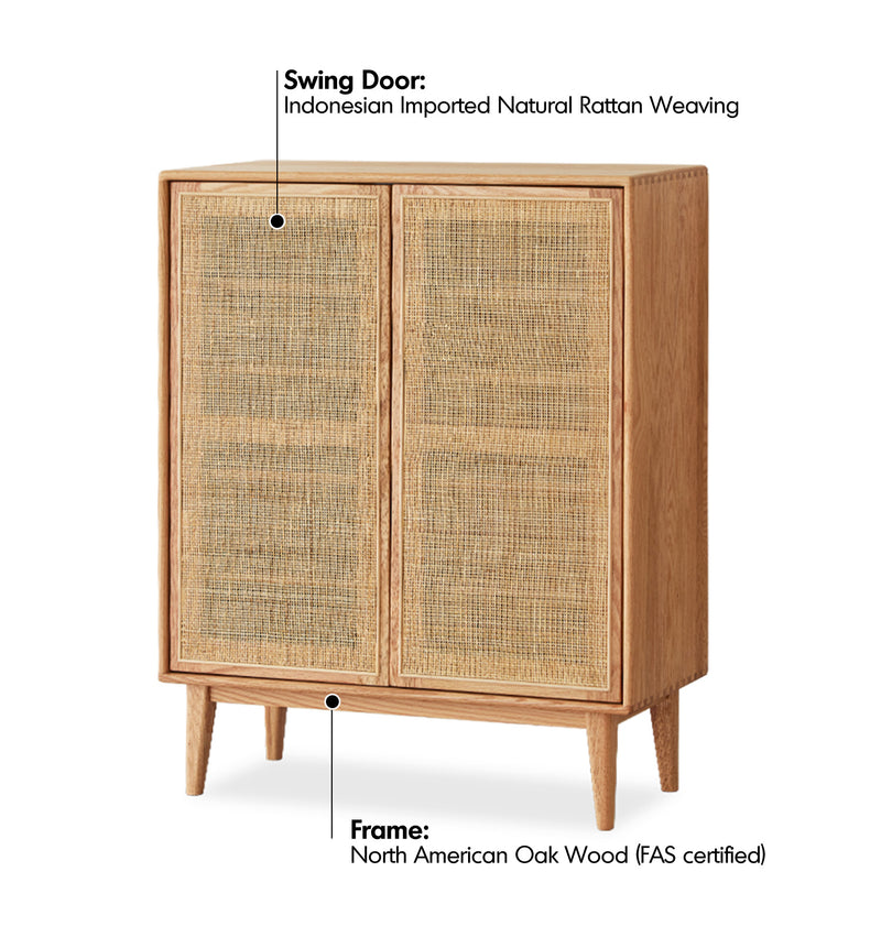 Scandinavian Rattan Oak Wood Shoe Cabinet BERI Material Details Chart
