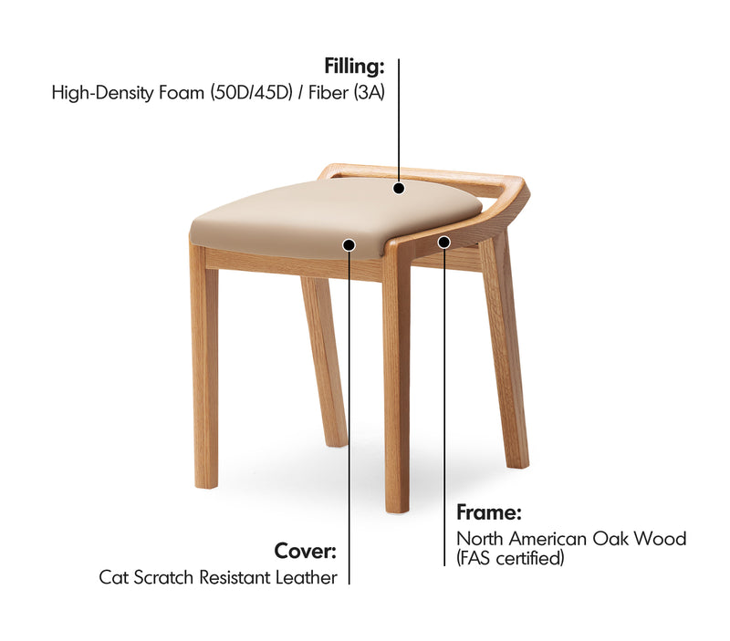 Scandinavian Oak Wood Cat Scratch Resistant Leather Dressing Chair HEMU Material Details Chart