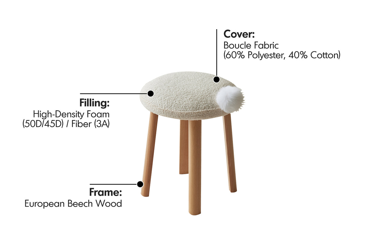 Cream Teddy Boucle Fabric Dressing Stool AMILAN Material Details Chart