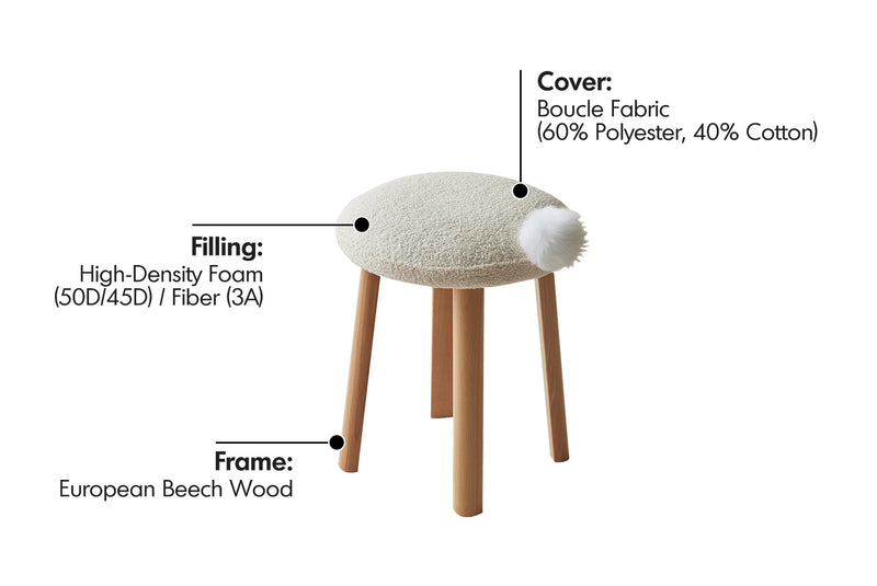 Cream Teddy Boucle Fabric Dressing Stool AMILAN Material Details Chart