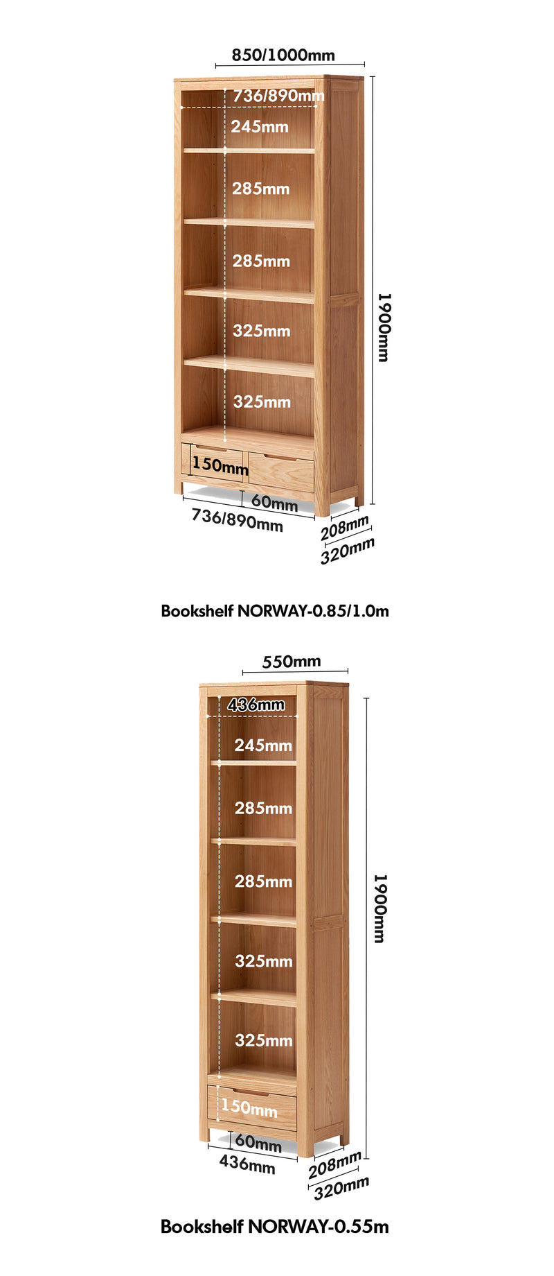 Scandinavian Oak Wood Bookshelf NORWAY Size Chart