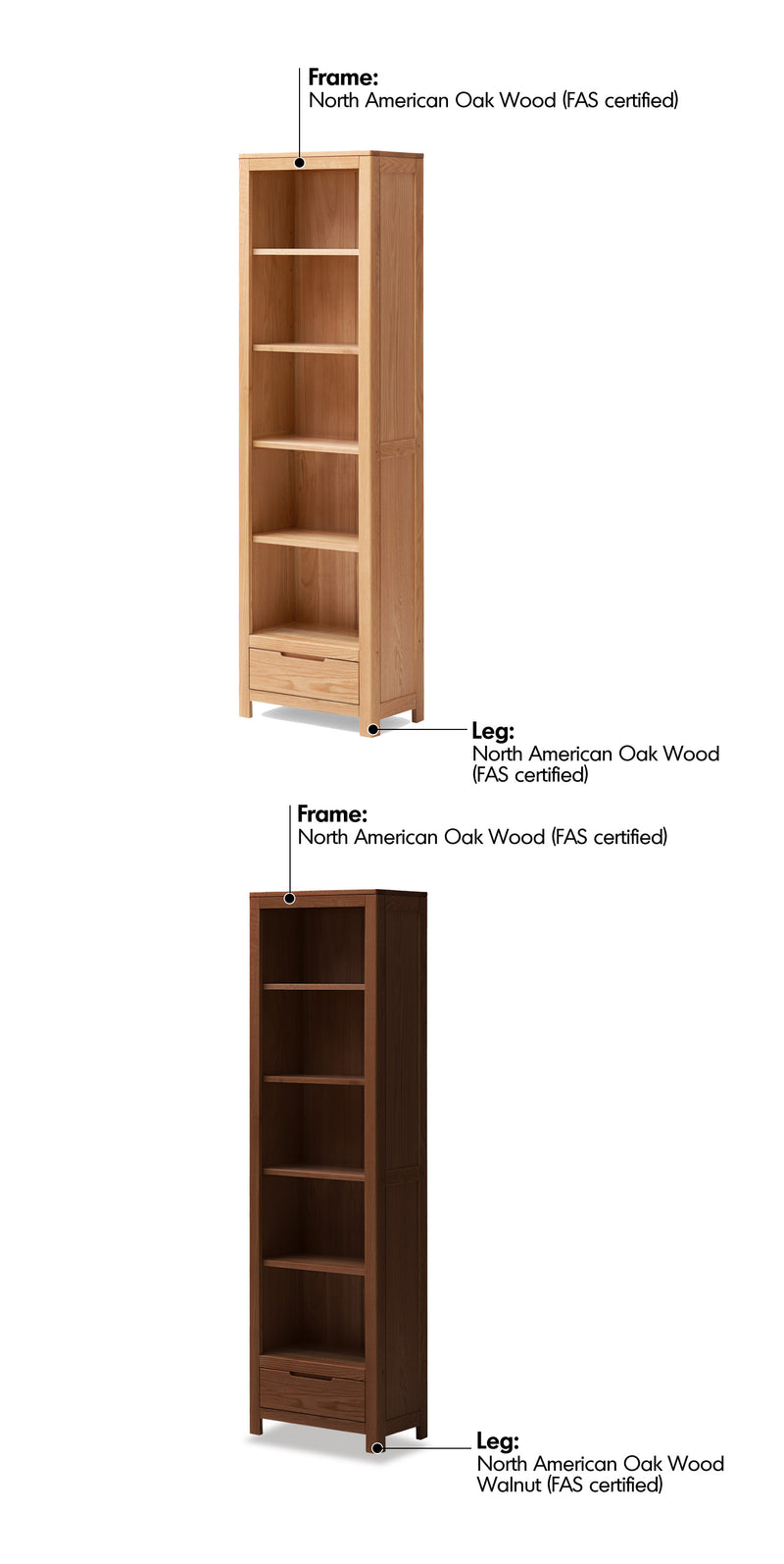 Scandinavian Oak Wood Bookshelf NORWAY Material Details Chart