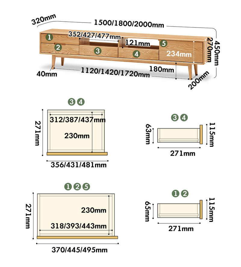 Scandinavian Oak Wood TV Console BERRY Size Chart