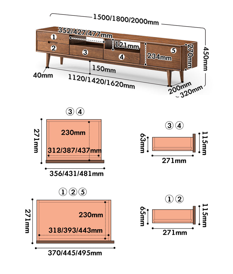 Japandi Oak Wood TV Console BERRY WALNUT Size Chart