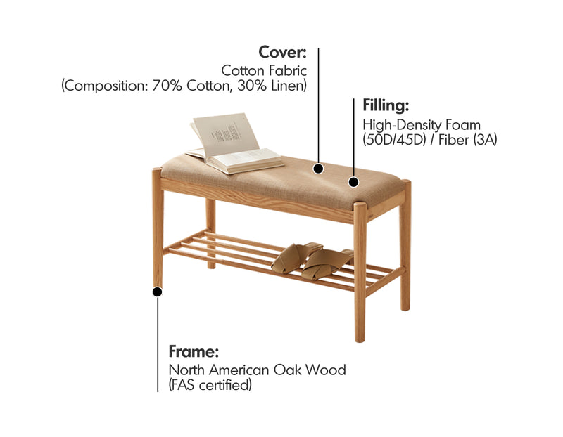 Scandinavian Oak Wood Shoe Changing Bench FUJI Material Details Chart