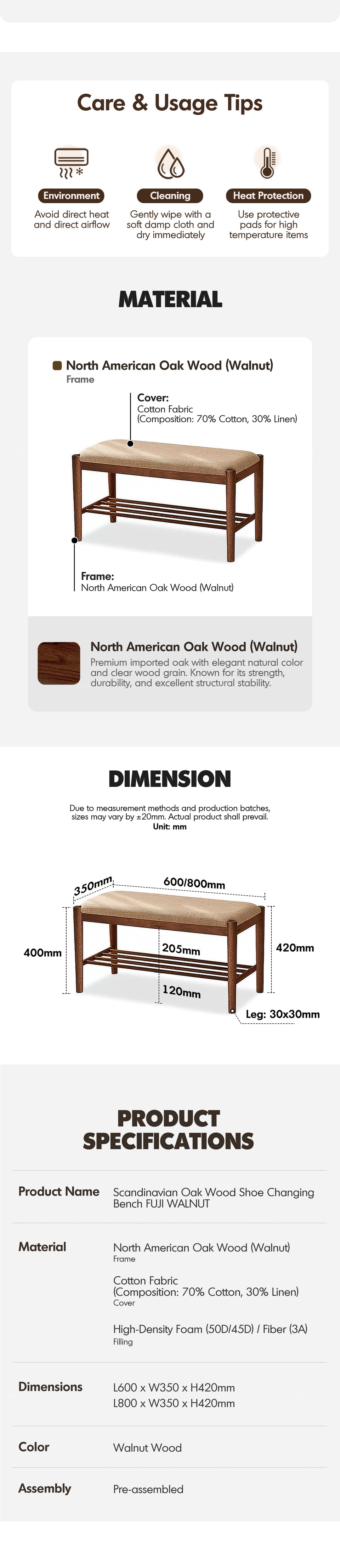 Japandi Oak Wood Shoe Changing Bench FUJI WALNUT More Details and Instruction_7