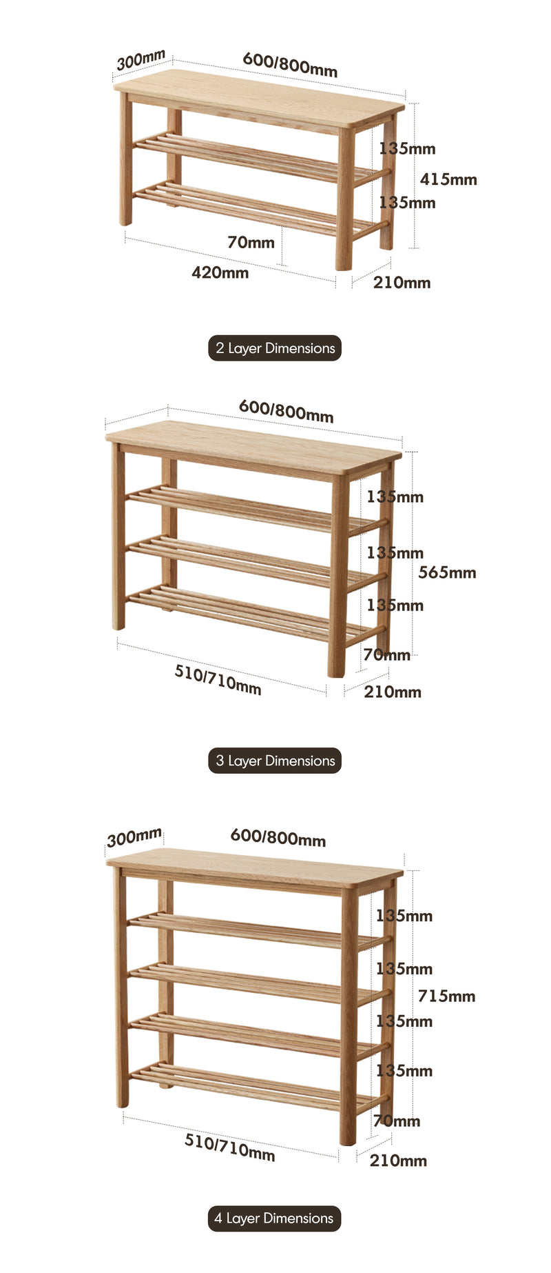 Scandinavian Oak Wood Shoe Shelf FUJI Size Chart