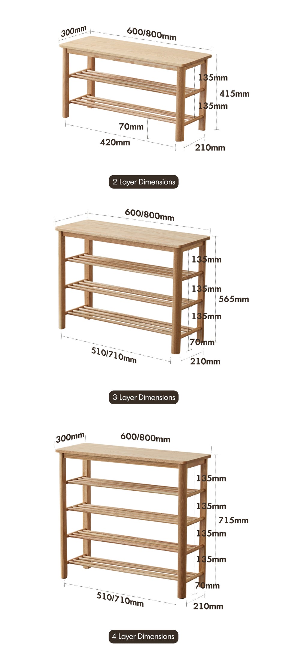 Scandinavian Oak Wood Shoe Shelf FUJI Size Chart