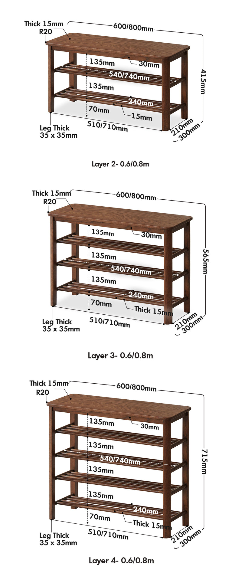 Japandi Oak Wood Shoe Shelf FUJI WALNUT Size Chart