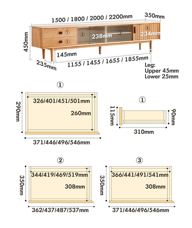 Scandinavian Oak Wood TV Console DANYA Size Chart