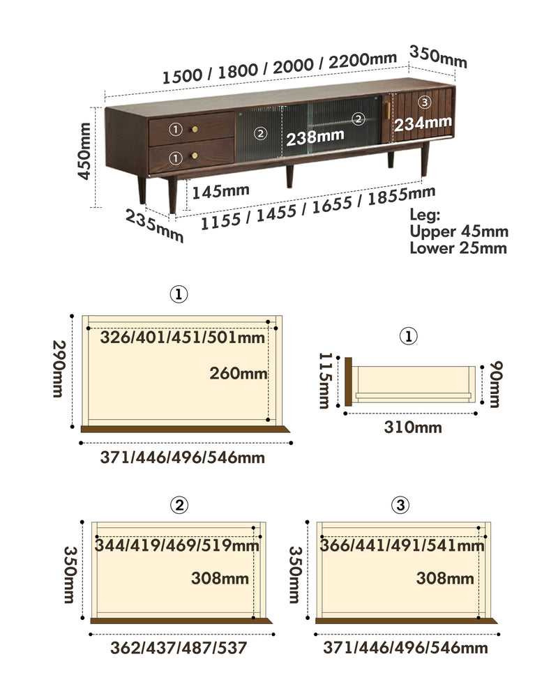 Scandinavian Oak Wood TV Console DANYA WALNUT Size Chart