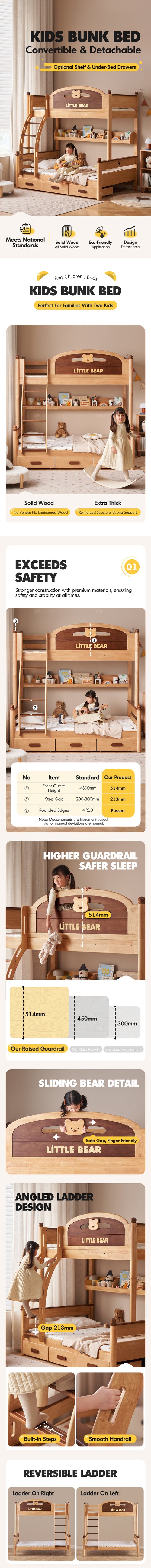 Scandinavian Rubber Wood Kids Bunk Bed With Bottom Drawers And Wall Shelf LITTLE BEAR Good to Know Preview-1