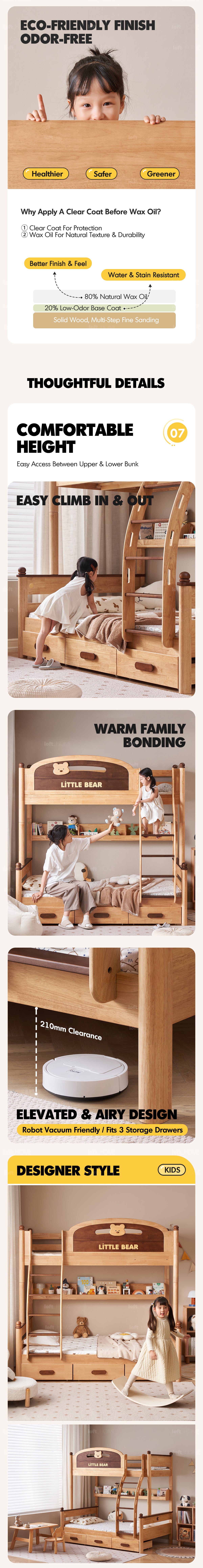 Scandinavian Rubber Wood Kids Bunk Bed With Bottom Drawers And Wall Shelf LITTLE BEAR Good to Know - 4