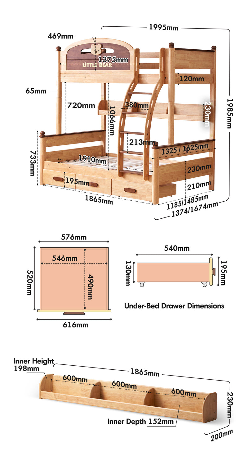 Scandinavian Rubber Wood Kids Bunk Bed With Bottom Drawers And Wall Shelf LITTLE BEAR Size Chart