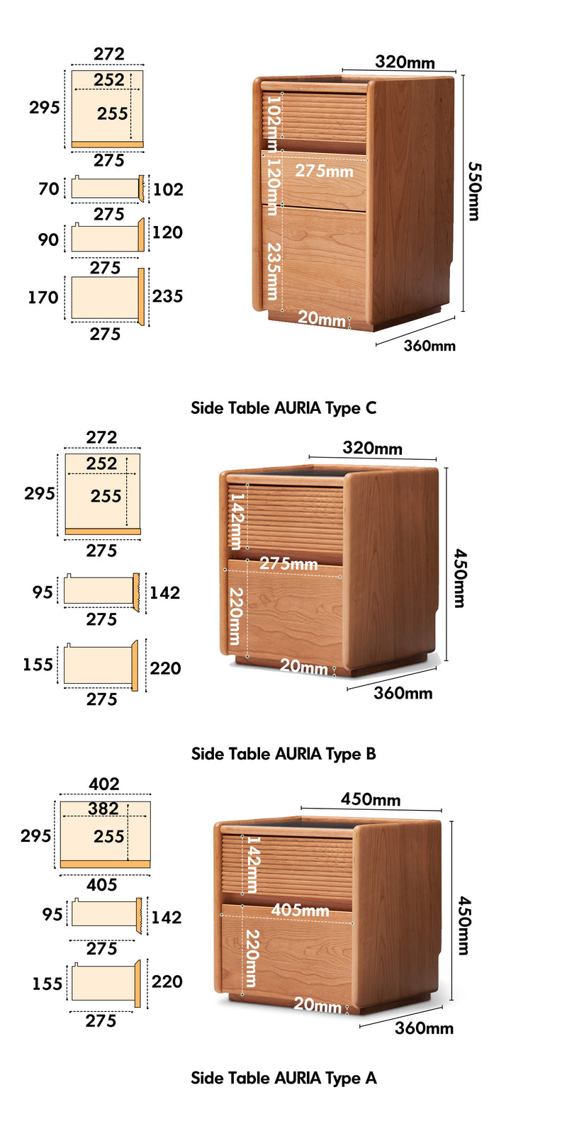 Scandinavian Cherry Wood Side Table AURIA Size Chart