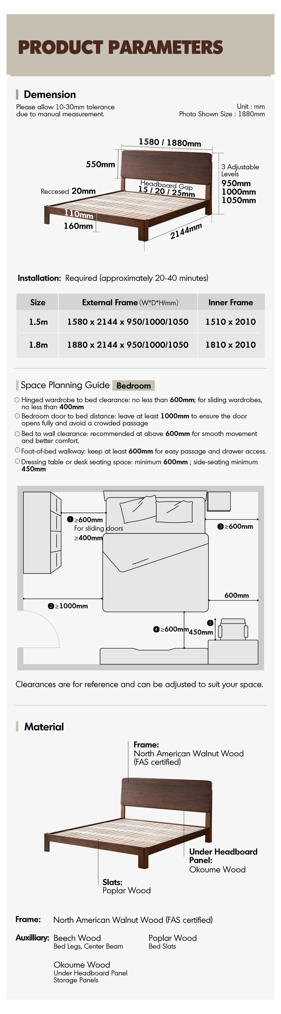 Japandi Walnut Wood Bed DUNE More Details and Instruction_8