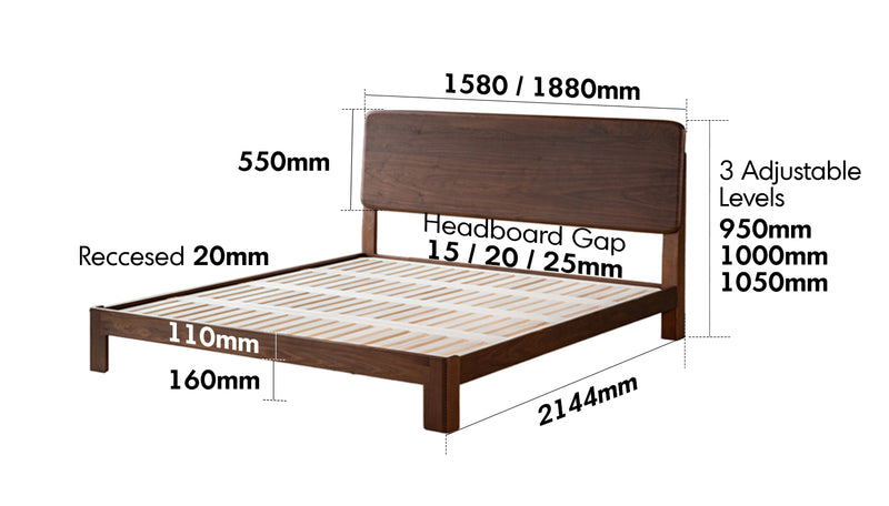 Japandi Walnut Wood Bed DUNE Size Chart