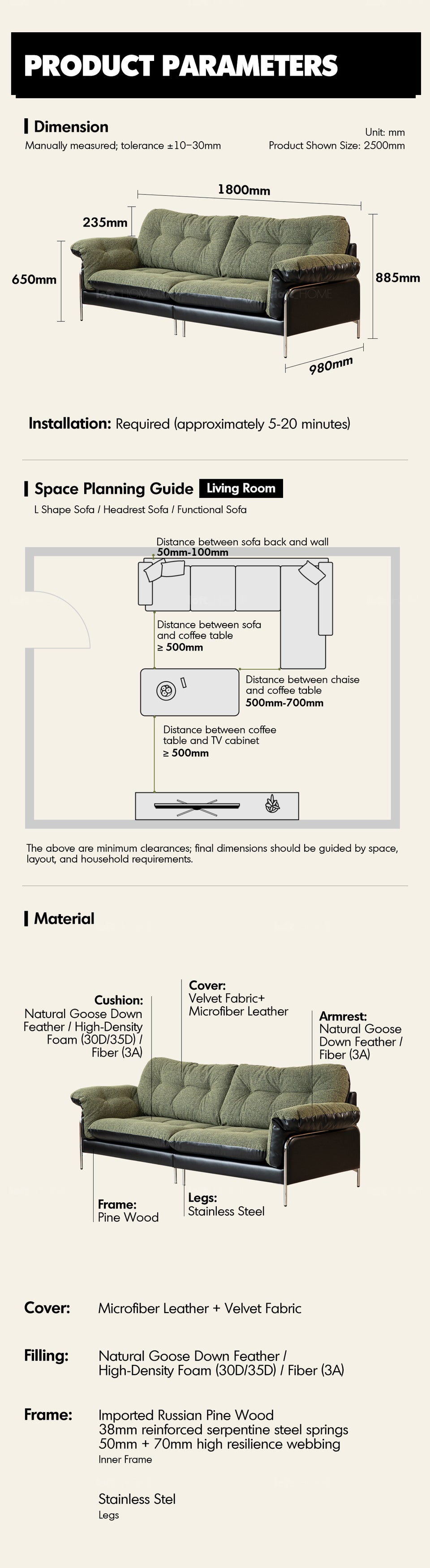 Bauhaus Microfiber Leather And Fabric Double Sided 2 Seater Sofa OASIS More Details and Instruction_10